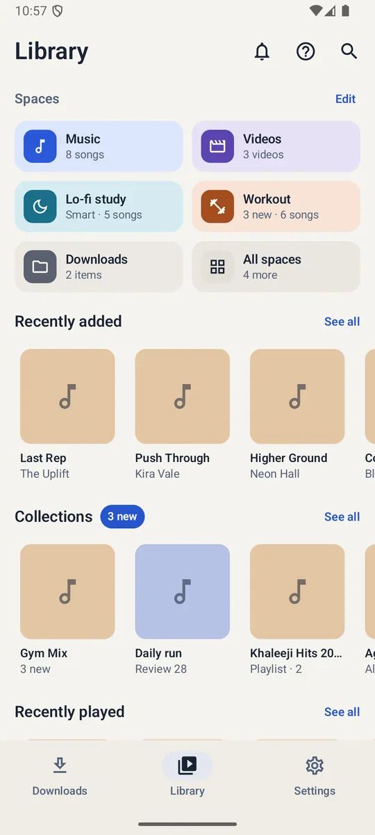 Keepfin Android library home showing saved collections and recently added media